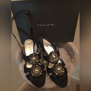 Tahari Black Sandals with Beaded Accents